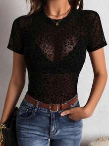 Women's Summer Mesh Short Sleeve Top, Round Neck Elegant Sexy Sheer T-Shirt; Leopard Print Sexy Fitted Camisole Top; Women's Black Animal Print Fashionable Sexy Flocked Semi-See-Through Short Sleeve Top, Suitable For Daily Wear, Street, Singles Party, Travel Casual - Black - View 1