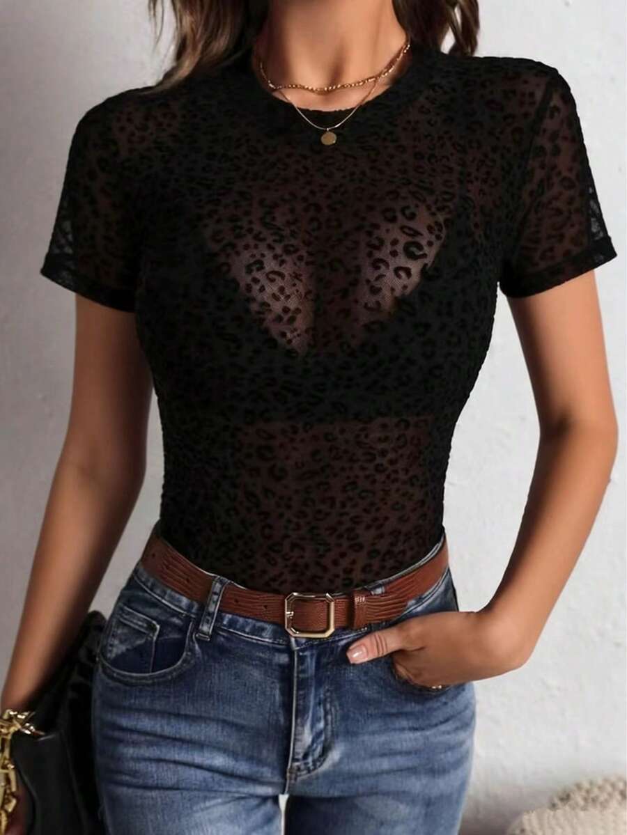 Women's Summer Mesh Short Sleeve Top, Round Neck Elegant Sexy Sheer T-Shirt; Leopard Print Sexy Fitted Camisole Top; Women's Black Animal Print Fashionable Sexy Flocked Semi-See-Through Short Sleeve Top, Suitable For Daily Wear, Street, Singles Party, Travel Casual - Black - View 1