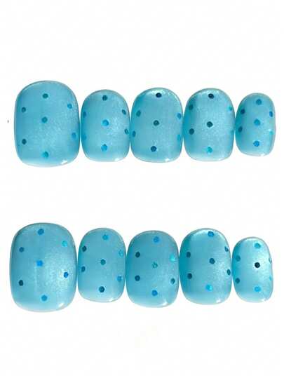 10pcs It's Named Icy Blue Dots. This Manicure Features A Cool, Translucent Icy Blue Base With A Subtle Shimmer, Adorned With Scattered Polka Dots In Varying Shades Of Blue. The Soft, Frosty Finish And Playful Dot Details Create A Fresh, Airy Aura-Perfect For Anyone Who Loves Minimalist, Refreshing Nail Art That Feels Like A Cool Breeze.
