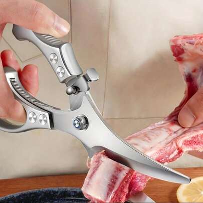 1pc Professional Heavy Duty Spring Loaded Sharp Kitchen Scissors With Handle And Lock Mechanism - Heavy Duty Bone Shears Suitable For Meat, Chicken, Steak, Lamb, Fish - Designed Sharp Blades For Barbecue, Butchery And Bone Cutting