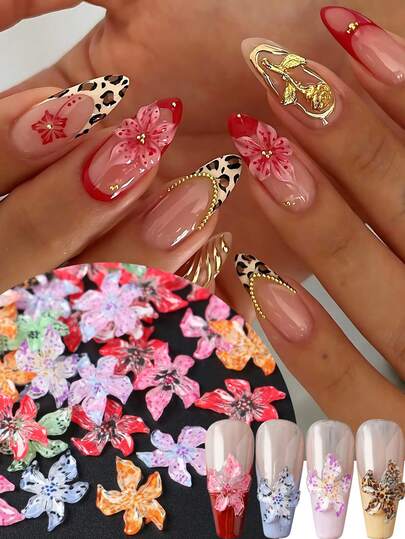 FULL BEAUTY 20/50/100pcs Orchid Flower Nail Charms Relief Lily Five-Petaled Flower Resin Flatback Nail Art Decoration Wedding Nail Jewelry Nail Supplies