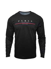 DONUTFOX Hanorac pentru bărbați, cu mânecă lungă, stil Paris, la modă, cu imprimeu de litere, pulover, tricou sport cu mânecă lungă, casual, potrivit pentru sport de primăvară/vară, ținute casual și ținute zilnice - Negru - Vizualizare 12