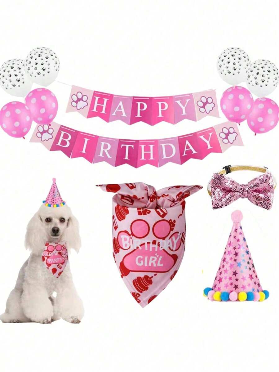 Decoraciones para fiesta de cumpleaños de mascotas, que incluyen pancarta, globos con huellas de pata, sombreros, baberos y pajaritas, adecuados para celebrar el cumpleaños de un perro - Multicolor - Ver 1