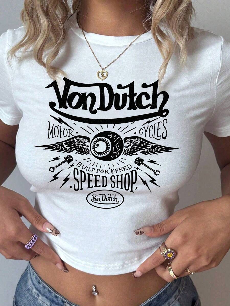 Van Dutch Motorcycles Speed Shop With Winged Eye Women's Casual Solid Color Crew Neck Short Sleeve Slim Fit Cropped T-Shirt Basic Summer Polyester Top, Versatile Everyday Wear, Perfect Gift For Her - 白色 - 查看 1