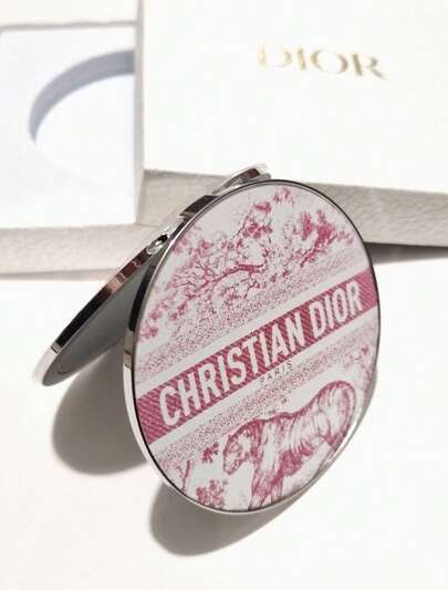 Dior Limited Edition Round Makeup Mirror, Silver Metal Portable Folding Makeup Mirror With Red Tiger And Jungle Pattern