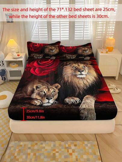 2/3PCS Home Textile Bedding, Rose And Lion Patterned Bed Sheet Set, Made Of Polyester Material, Digitally Printed, With Elastic Design, Suitable For Home Decoration, Bedroom Decoration, Gifts, And Festivals For Teenagers