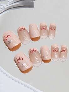 可爱法式美甲贴片套装，渐变豹纹蝴蝶结短款美甲贴片，可重复使用亚克力美甲贴片，日常佩戴装饰，24片装 - 彩色 - 查看 3