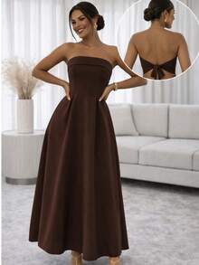 Elegant Strapless Maxi Dress With Built-In Bra Cups. - Rust Brown - View 3