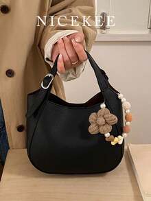 Fashionable Solid Color Retro Multifunctional Handbag, Niche Design Simple Texture Daily Crossbody Bag, Large Capacity Shoulder Bag With Flower Pendant, Suitable For Shopping, Commuting, Daily Outdoor Work Matching, Etc - Black - View 2