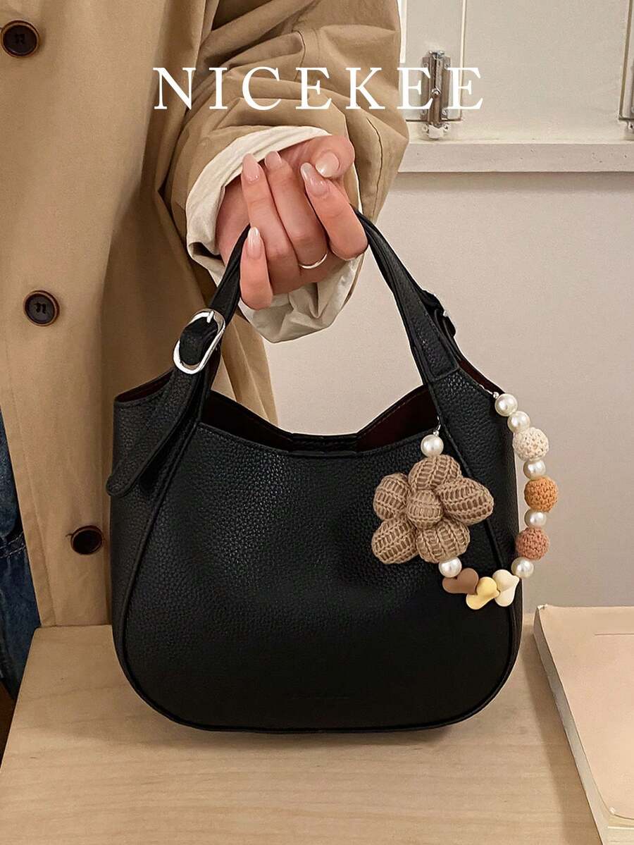 Fashionable Solid Color Retro Multifunctional Handbag, Niche Design Simple Texture Daily Crossbody Bag, Large Capacity Shoulder Bag With Flower Pendant, Suitable For Shopping, Commuting, Daily Outdoor Work Matching, Etc