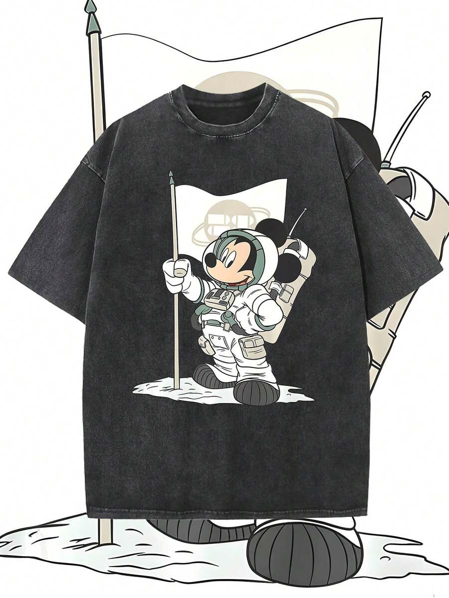 Disney Mickey Mouse Astronaut Short-Sleeved Men's Summer T-Shirt, Distressed Effect, One-Piece Design, Pure Cotton Fabric, Comfortable And Breathable, Casual Outdoor Street Style, Crew Neck; A High-Quality Fashion Brand, It Is An Ideal Surprise Gift For Family And Friends. - 黑色 - 查看 1