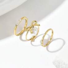 1枚经典简约水钻不锈钢戒指，蝴蝶和仿珍珠开口戒指 - 金色 - 查看 1