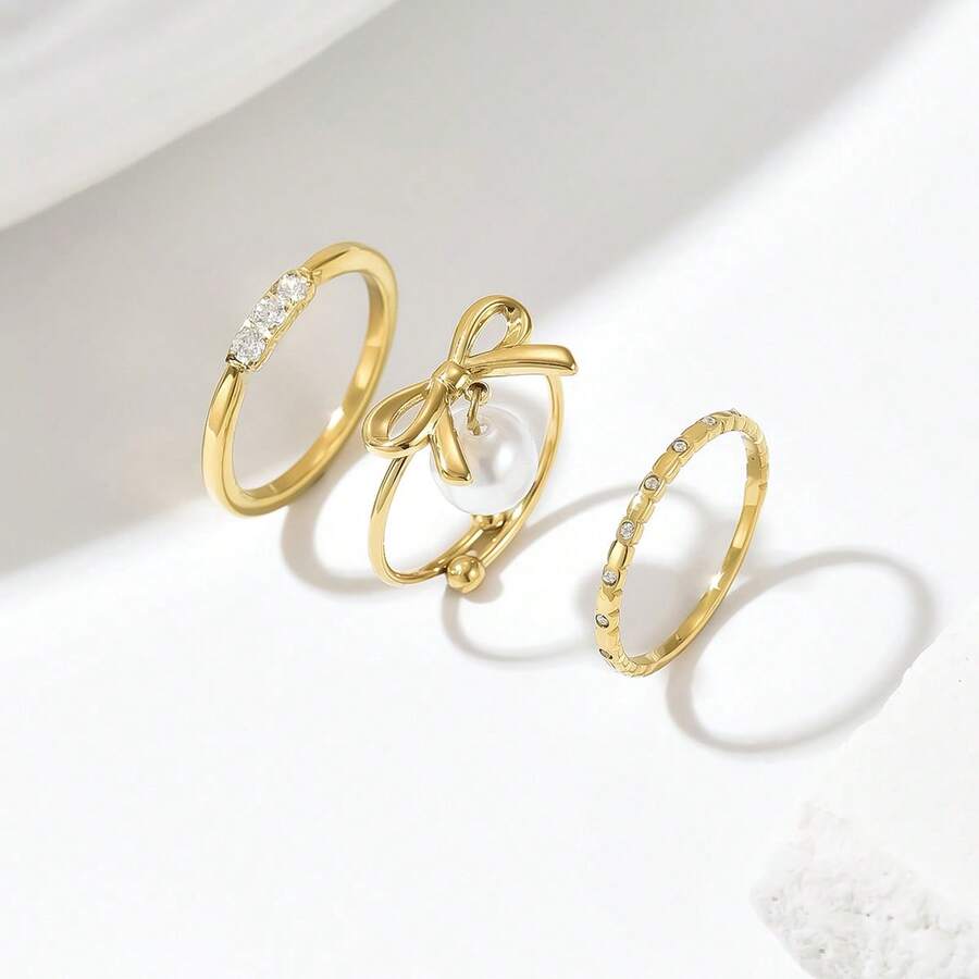 1枚经典简约水钻不锈钢戒指，蝴蝶和仿珍珠开口戒指 - 金色 - 查看 1