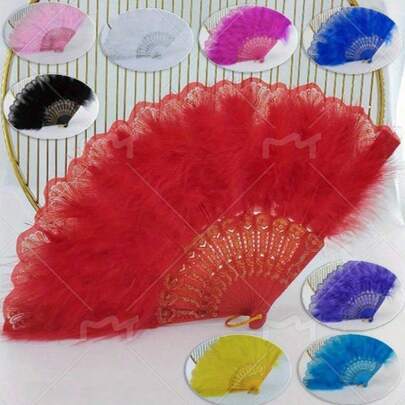 1/3 قطعة من الشريط المزين بالريش، وشاح، وشريط الرأس، مروحة يدوية أنيقة وعتيقة للنساء، مناسبة لحفلات الهالوين وحفلات الموسيقى والعروض الأزياء والأزياء الكلاسيكية