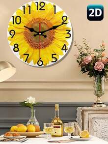 1 pieza Reloj de pared redondo de 12 pulgadas con impresión realista en 2D de girasol, reloj de escritorio silencioso de cuarzo adecuado para el hogar, la oficina y la escuela (baterías no incluidas) - Multicolor - Ver 10