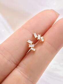 1 Pair 925 Sterling Silver Geometric Cubic Zirconia Stud Earrings For Women, Suitable For Daily, Dating, Vacation, Wedding, Party, Holiday Gifts, Hypoallergenic Pure Silver Ear Jewelry - Gold - View 3