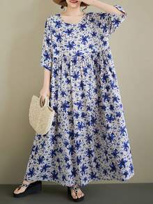 AZAH 2026 大码热带花卉印花 A 字长裙，短蝙蝠袖，圆领，带口袋，波浪蓝色花朵图案，女士长裙。这款休闲大码 A 字连衣裙采用圆领和蝙蝠袖设计，适合日常穿着，舒适百搭。度假优雅夏季之选。 - 藍色 - 查看 5
