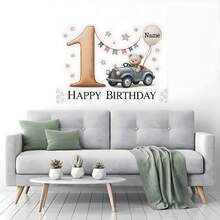 1pc Customizable Cute Teddy Bear Birthday Background Cloth, Cartoon Portrait Colorful Banner, Personalized Birthday Party Gift, Cake Table Backdrop, Photography Vinyl Banner - E - View 7