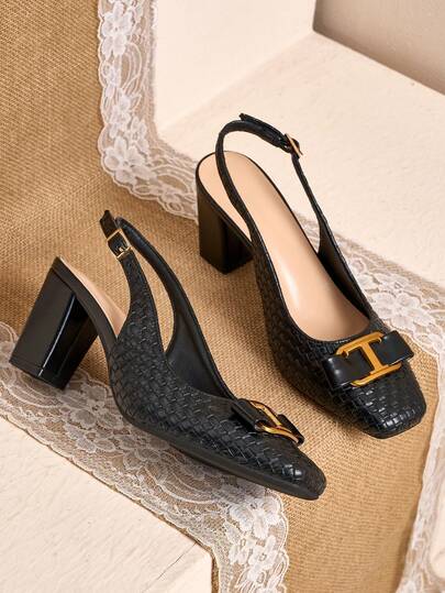 WHDXY French Retro Black Woven Texture Metal Buckle Chunky Heel Pumps, High-Quality And Versatile, Easily Create A Vintage Chic Look. Selected Woven Leather, Black Color Is Low-Key Yet Textured, Fine And Exquisite Texture, Durable And Easy To Maintain For Daily Wear.