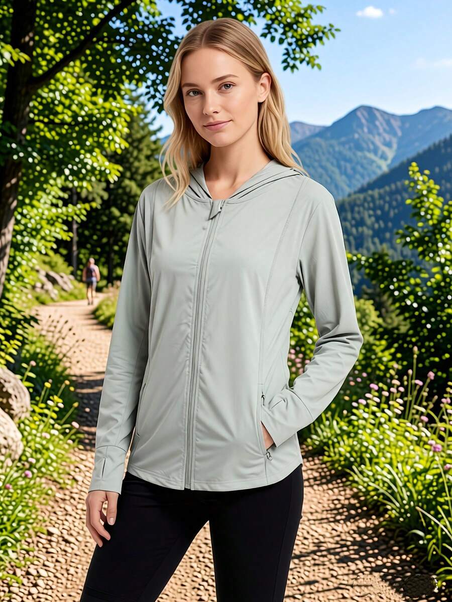 Women's Fashionable Summer Hooded Thumb Hole Lightweight Breathable Sun Protection Jacket