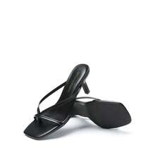 Women Summer New Arrival Kitten Low Heel Thong Slippers Fashion Square Open Toe Comfort Sandals For Party Casual Slides - 黑色 - 查看 6