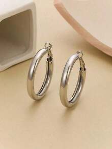 1pair Ladies' Gold-Color Circle Tube C Shape Hoop Earrings - Gold - View 11