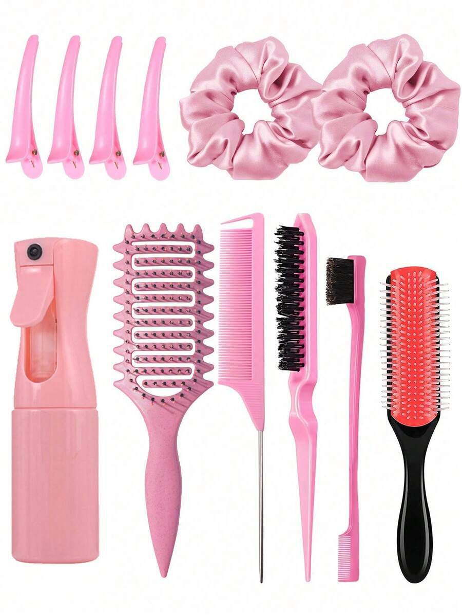 2/4/5/6/11/12件套男女通用美发造型梳套装（新款升级卷发梳、9排尼龙气垫造型梳、蓬松梳、尖尾梳、边缘梳、喷雾瓶、4个鸭嘴夹、美发造型梳套装） - 彩色 - 查看 1