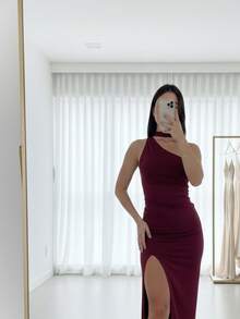 Elegant Long Dress With Slit For Parties | Premium Spandex | Graduation, Wedding, Guest, Graduation, Backless - 紫紅色 - 查看 2