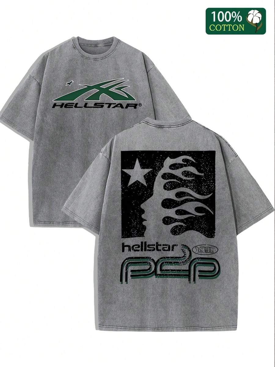 Men's "Hell Star" Washed T-Shirt - Extra Large Flame Star Pattern Street Style - Grey - View 1