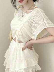 Suéter holgado de punto con mangas de murciélago y cordón ajustable para mujer - Albaricoque - Ver 5