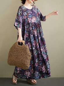 AZAH 2026 Summer New Bohemian Casual Vacation Beach Dress, Plus Size Tropical Floral Print Long A-Line Maxi Dress, Round Neck, With Pockets, Blue Floral Women Long Dress. This Casual Plus Size A-Line Maxi Dress With Round Neck And Batwing Sleeves Is Suitable For Daily Wear. Elegant - Multicolor - View 5