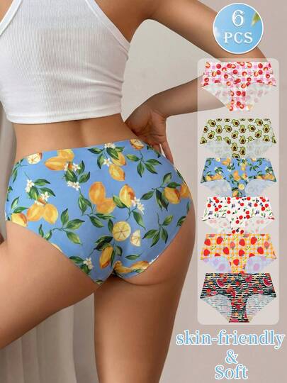6条装女士水果印花无痕内裤，舒适透气弹力女士三角裤，适合情人节