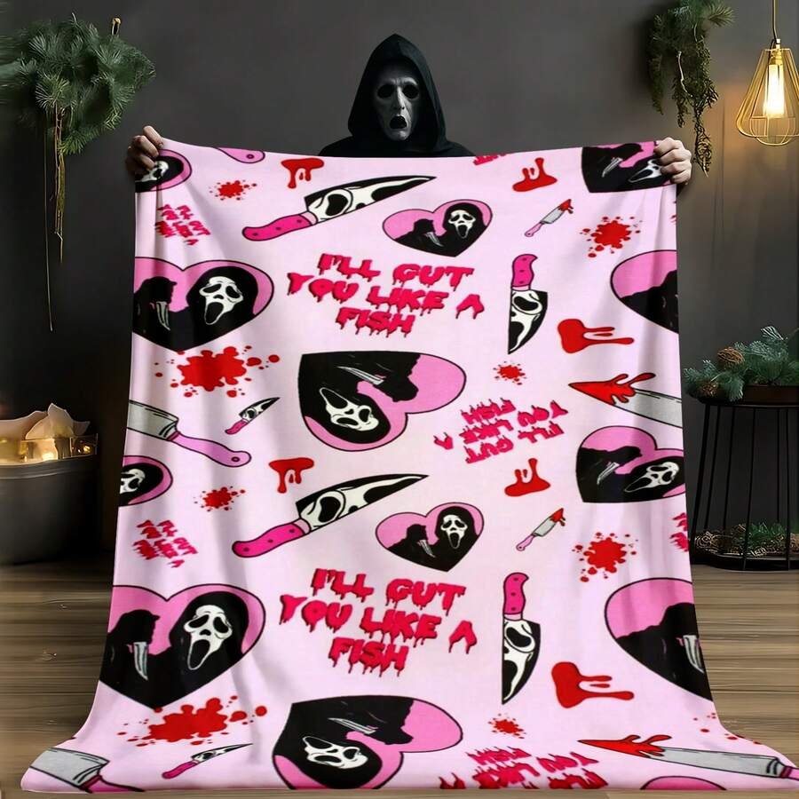 1PC Ghostface Y2K Horror Flannel Throw Blanket 50"X60" (Multiple Sizes) - All-Over Repeat Print With Pink Heart Ghostface,  & 'I'LL CUT YOU LIKE A FISH' Quote, Tapestry Wall Hanging, Halloween Gift, Room Decor, Perfect For Sofa, Bed, Office, Edgy Horror Gift - multicolour 14 - 查看 1