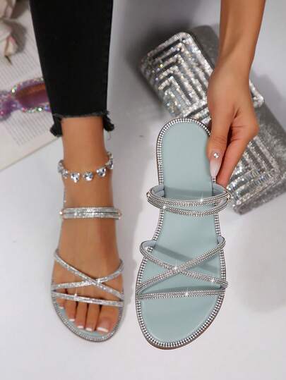 Minimalist Lightweight Slip-On Open Toe Summer New Round Toe Strap Criss-Cross Glass Rhinestone Women Outdoor Beach Dual-Wear Sandals