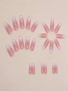 24pcs Medium-Long False Nails Set, White Ombre Nail Stickers, With 1pc Jelly Gel And 1pc Nail File, Suitable For Women And Girls Daily Wear - White - View 3