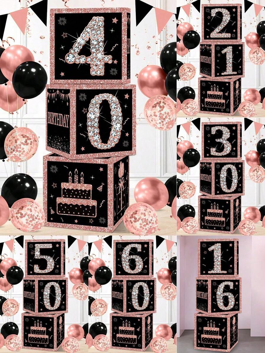 3 Stück/Set Rosa & Schwarz 40. Geburtstag Papierboxen, 16./21./30./40./50./60. Geburtstags Party Deko, 16/21/40 Jahre alt Zubehör, Glücklicher Geburtstags Party Dekoration, Heim Party Zubehör Hintergrund Dekorative Boxen, Party Hintergrund Deko, Fotografie Requisiten, Überraschungs Geschenkverpackungs Boxen