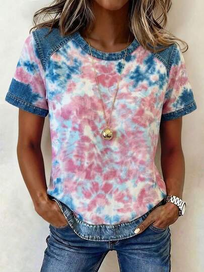 时尚牛仔印花扎染夏季女装沙滩休闲衬衫女装休闲圆领短袖T恤