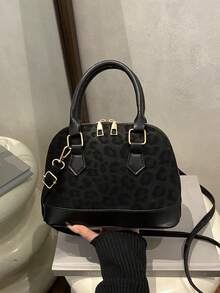 Fashionable Leopard Print Handbag, Casual Shell Shoulder Bag For Women - Black - View 11