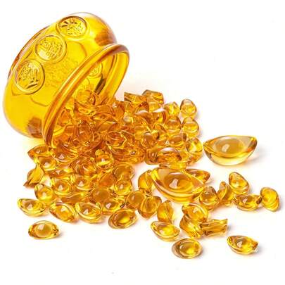 元宝水晶玻璃宝盆，内含1个大金锭和32个小金锭，水晶风水招财碗，家居办公摆件，寓意繁荣昌盛。