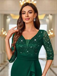 MIUSOL Deep V-Neck Sequin Floral Lace Ruffle Hem Cocktail Party Bodycon Dress - Dark Green - View 11