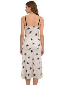 女士优雅简约商务休闲性感日常约会派对蕾丝边饰蜜桃色花卉印花露背连衣裙，不对称下摆，夏季 - 杏色 - 查看 9