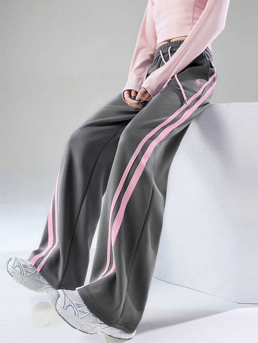 JUTU Spring & Autumn Ash Gray & Pink Women's Commuting & Outdoor Retro High-Waisted Wide-Leg Casual Pants With Drawstring And Printed Design - 1A71 Ash Mix - 1182 Powder - View 1