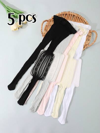 5pcs Girls' Floral Jacquard Hollow-Out Tight Mesh Stockings, Suitable For Spring/Summer Lolita Outfits