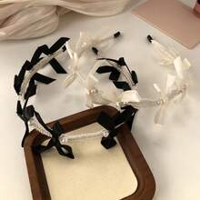 1件涤纶休闲蝴蝶结发带，适合所有季节 - 黑色+白色 - 查看 3