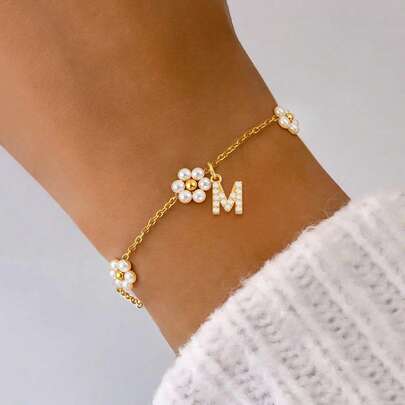 1件新款时尚字母吊坠金色不锈钢五花链项链，女士款