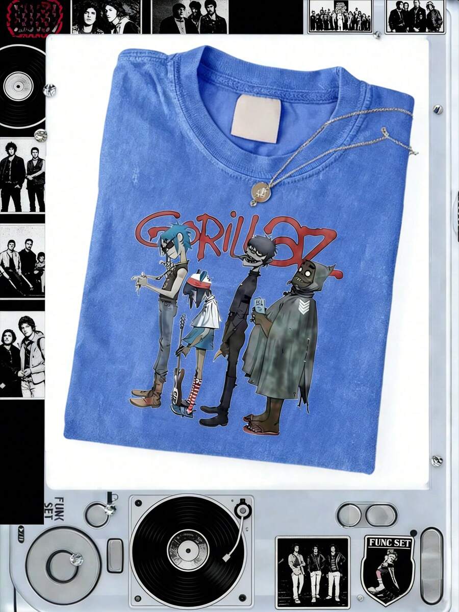 Vintage 90s Y2K Graphic Cotton T-Shirt - Distressed Washed Brown Crew Neck Tee For Men & Women, Punk Rock Music Band Design, Casual Summer Wear - 藍色 - 查看 1
