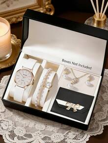 6件套奢华优雅女士珍珠腕表套装，包括玫瑰金表框闪亮表盘石英腕表（配白色皮表带）、长款珍珠链手链、珍珠吊坠耳环项链和黑色蝴蝶结装饰钱包，时尚百搭。 - 白色 - 查看 8