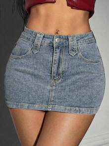 女士梭织牛仔短裙，直筒款式，中等弹力，适合派对、优雅、可爱场合。 - 藍色 - 查看 5