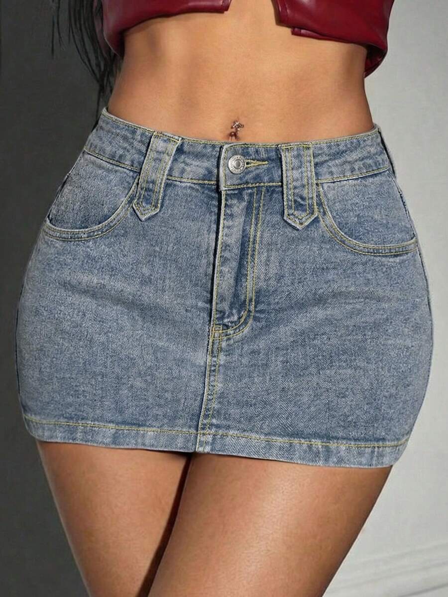 Women's Woven Fabric Denim Skirt Short Length Straight Style Medium Stretch Party Elegant Cute Casual Summer - Blue - View 1