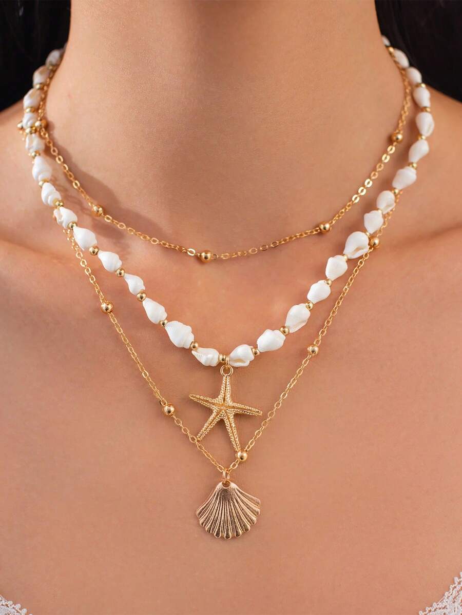 Ocean Vacation Style Starfish And Scallop Pendant Necklace. Multi-Layered Stacked Metal Chain Necklace & Bracelet. - Multicolor - View 1